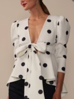 New York & Company White and Black Polka Dot Tie-Front Peplum Blouse
